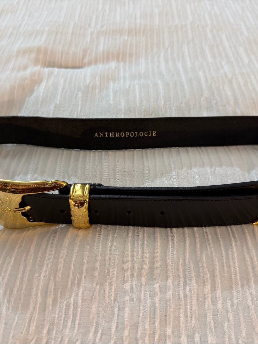 Anthropologie Black Leather Belt with Western Gold-Tone Buckle & Keeper